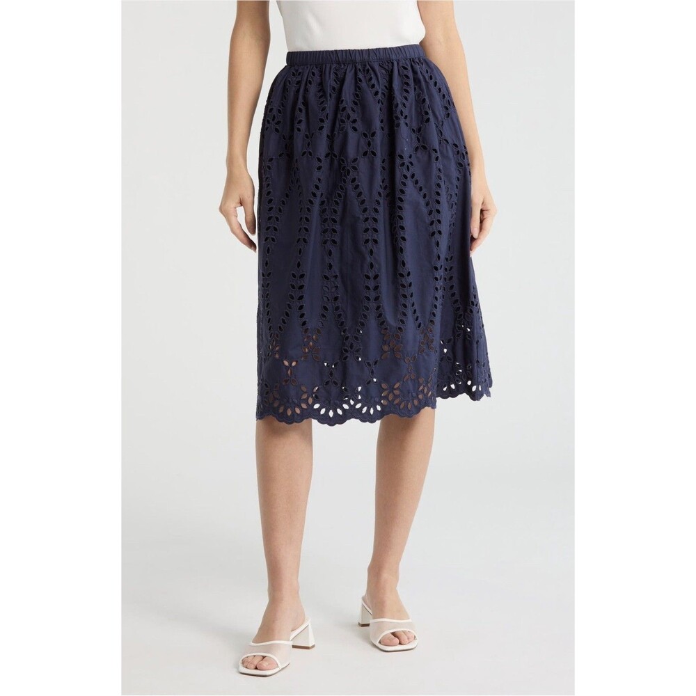 Frank & Eileen Grace Eyelet Midi Skirt Womens L Navy Cotton Cottage Summer